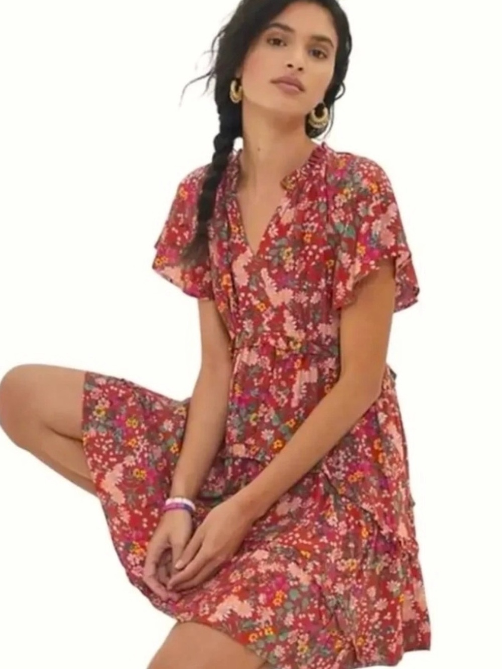 Anthropologie Robin tiered red floral mini dress